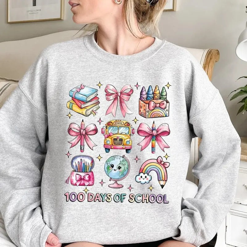 Coquette 100 Days of School Shirt, Coquette Teacher Tee, Back to School Shirt, Coquette Pink Bow Merch, new Teacher Gift...