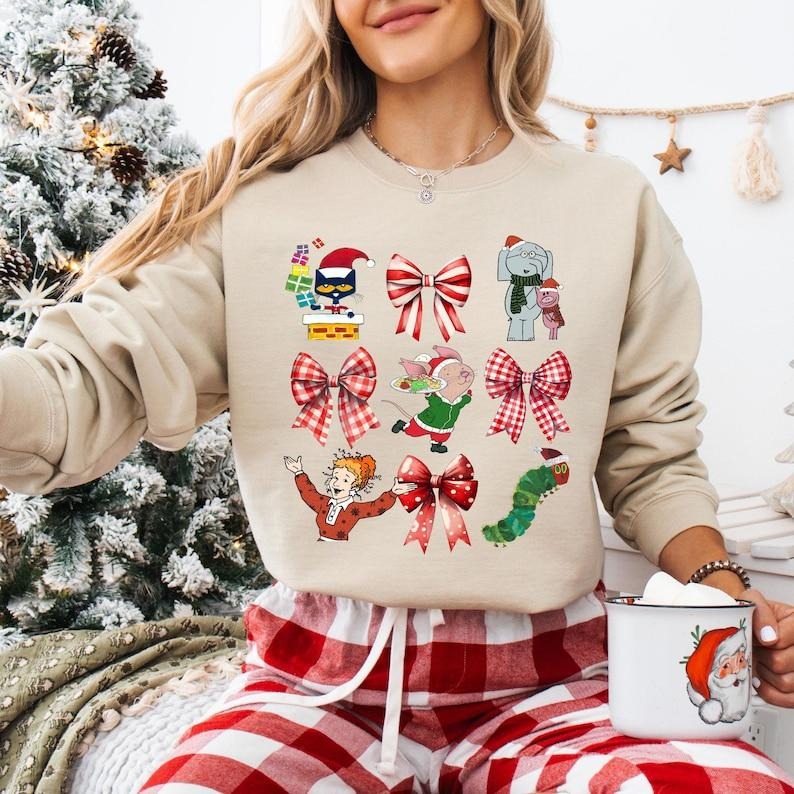 Coquette Bow Children's Books Christmas Sweatshirt, Ms Frizzle Teacher T-shirt, Pete The Cat Xmas Tee, Book Lover Gifts,...