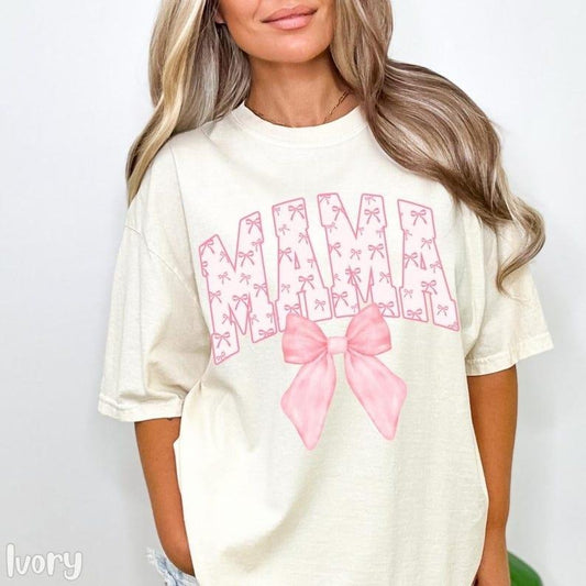 Coquette Bow Mama Comfort Colors Shirt, Pink Bow T-shirt for Mom, Mothers Day Gift, Girly Mama Outfit, Baby Shower Gift...