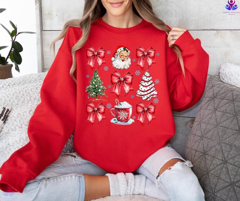 Coquette Bow Sweatshirt, Cute Red Ribbon Santa Sweatshirt, Merry Christmas Bows Sweater, Christmas Gift, Gift For Women...
