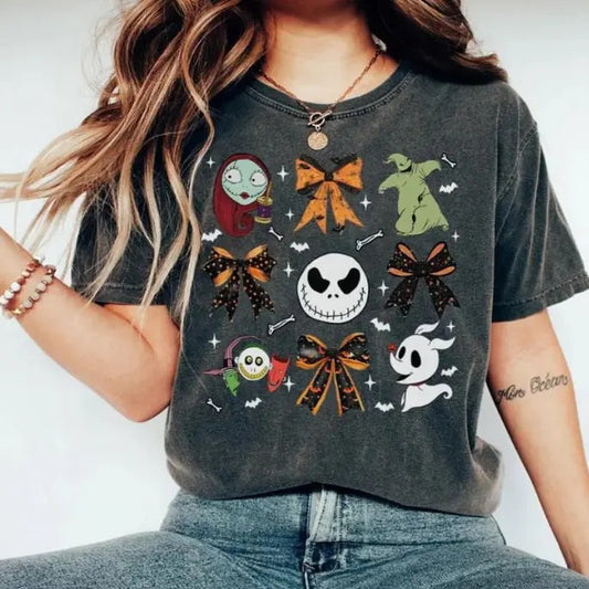 Coquette Bows Nightmare before Christmas Halloween Shirt, Jack & Sally Oogie Boogie Lock Shock Barrel T-Shirt, Spookey...