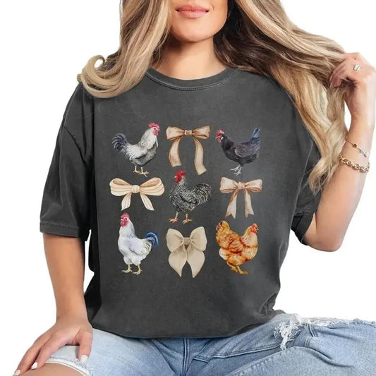Coquette Chicken T-Shirt, Chicken Lady Graphic Tee Everyday Casual Comfy Womenswear Cute Top, shirt hot trend 2025