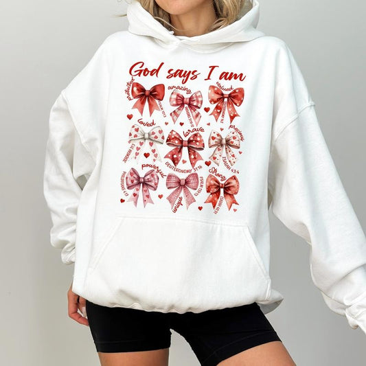 Coquette Christian Hoodie, God Says I Am Graphic Hoodies, Bible Verse Hoodie, Positive Religious Clothing, Valentine Gift For Christian