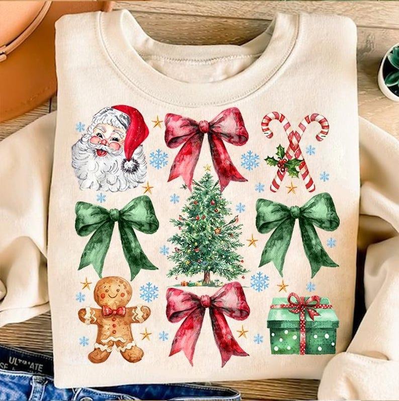 Coquette Christmas Sweatshirt, Coquette Bow, Christmas sublimation, Trending, Retro Holidays, Holiday vibes, Girly...