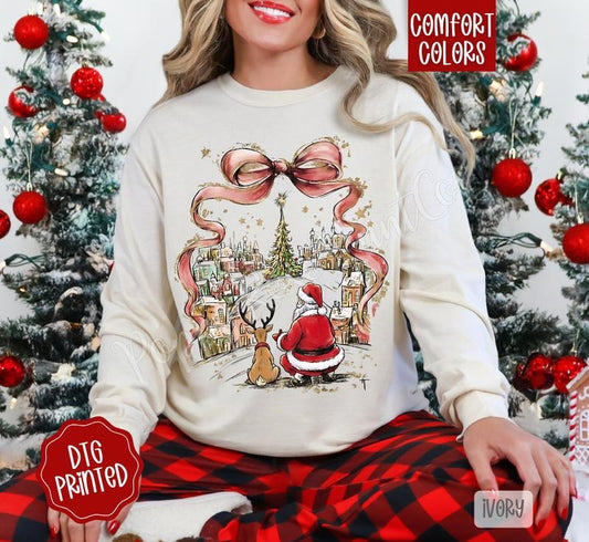 Coquette Christmas Town Comfort Colors Long Sleeve T-Shirt, Cute Women's Holiday Tee Hoodie, Sweatshirt | InkThreadWorks.com