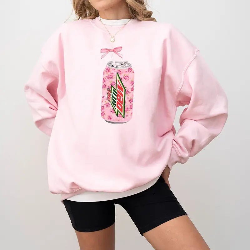 Coquette Diet Mtn Dew Sweatshirt, Floral Diet Mtn Dew Shirt, Cute Baby Pink Bow Tee, Trendy Soda Can With Roses, Coquette...