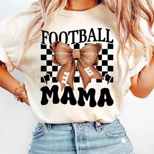 Coquette Football Mama Shirt, Football Season Tee, Trendy football mama girly football tee coquette bow football shirt...