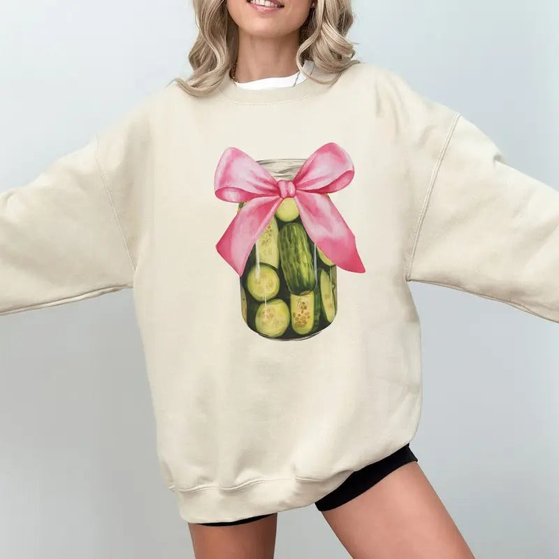 Coquette Pickle Sweatshirt, Pickle Lover Sweatshirt, Cherry Bow Sweatshirt, Coquette Bow Sweatshirt, Pink Bow, Aesthetic...