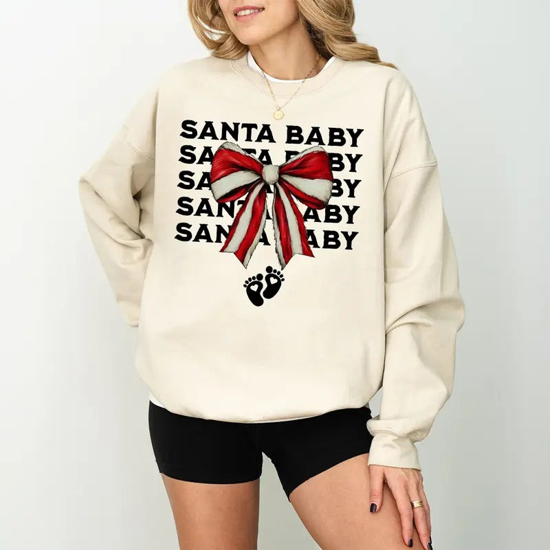 Coquette Santa Baby Sweatshirt Christmas Pregnancy Announcement Sweater, Coquette Bow Baby Reveal Sweater Maternity...