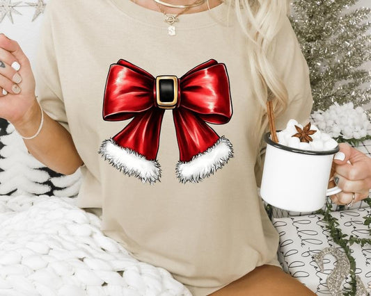 Coquette Santa Bow Christmas Shirt - Cute Holiday Graphic Tee, Casual Fall Softstyle Unisex T-Shirt - Printed, Cotton