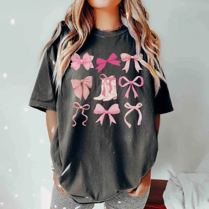 Coquette Shirt Western Cowgirl Shir,t Pink Bow Shirt, Cowboy Boots Coquette Aesthetic Girlie Girl, Trendy Bow Tee Country...
