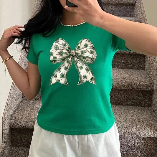 Coquette St Patrick's Day Bow Baby Tee, St Patrick's Day Shirt, Lucky Shamrock Shirt, St Patrick's Gift, Irish Bow , Y2K...