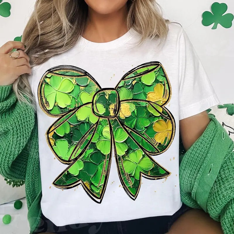 Coquette St Patrick's Day Bow Glitter T-Shirt, Coquette St Patty's Day T-Shirt, Lucky Shamrock Brushstroke Bow T-Shirt,...