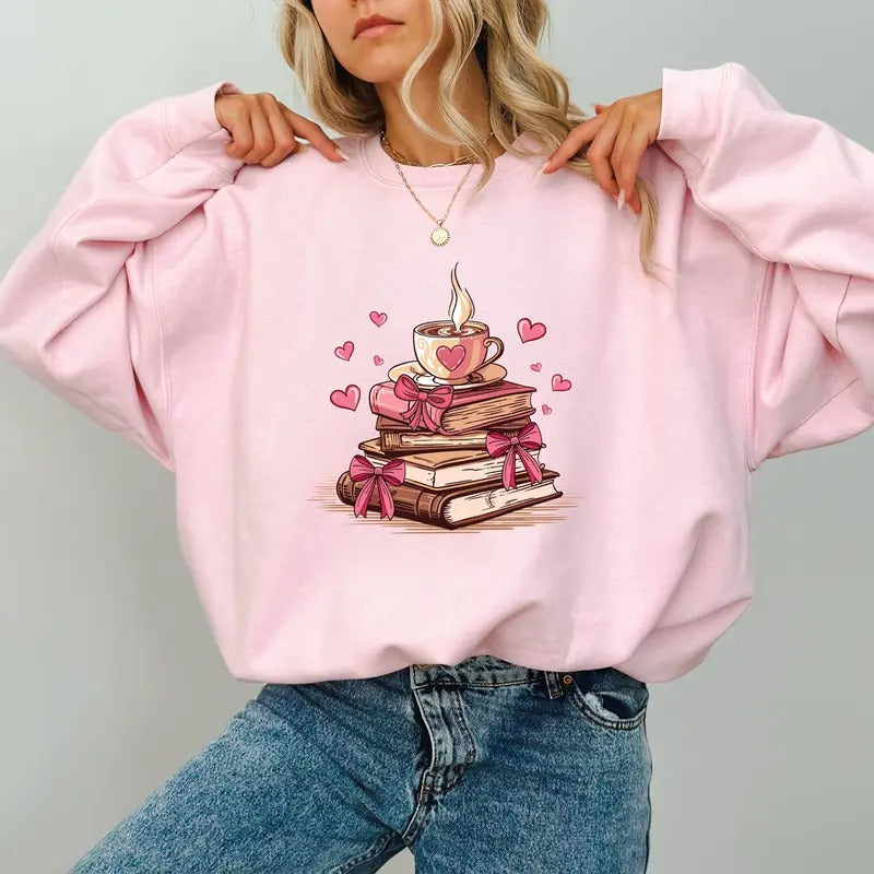 Coquette Valentine Bookish Sweatshirt, Reading Crewneck, Book Lover Valentine Long Sleeved Pullover, Gift for Book Lover...