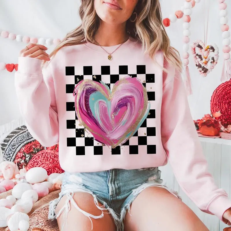 Coquette Valentines Day Heart Sweatshirt, Retro Checkered Valentines Sweatshirt, Valentines Day Sweatshirt, Coquette...