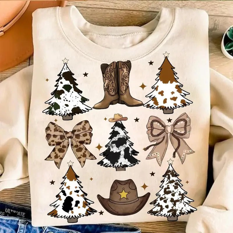 Coquette Western Christmas Tree sweatshirt,hoodie,tshirt, Cowgirl Howdy Christmas Tree Sweatshirt, Girls Leopard Coquette...