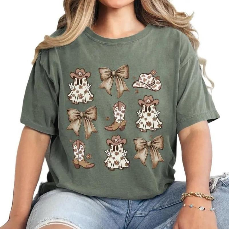 Coquette Western Ghosts and Bows Tee, Western Halloween Tshirt, Fall Spooky Season Shirt, Women's  Tee, Cowgirl Ghost...