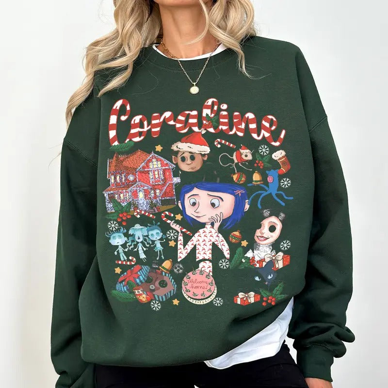 Coraline Christmas vibe T-shirt, famous horror movies tshirt, Horror Character Shirt, Halloween Crewneck Sweatshirt Sweaters