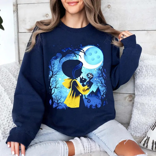 Coraline Moon Button in Night Sweatshirt, Coraline Horror Movies, Coraline Sweatshirt Hoodie, Halloween Movies, Christmas Gifts