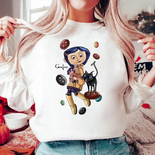 Coraline and Black Cat Shirt, Coraline Merch,  Cooraline Character animate Shirt, Christmas animate, Coraline Christmas Tshirt, Dreaming of Coraline Sweatshirt, Famous Horror Movie Tshirt,  Halloween Crewneck Gift Ffor Girlfriends, Coraline Sweatshirt