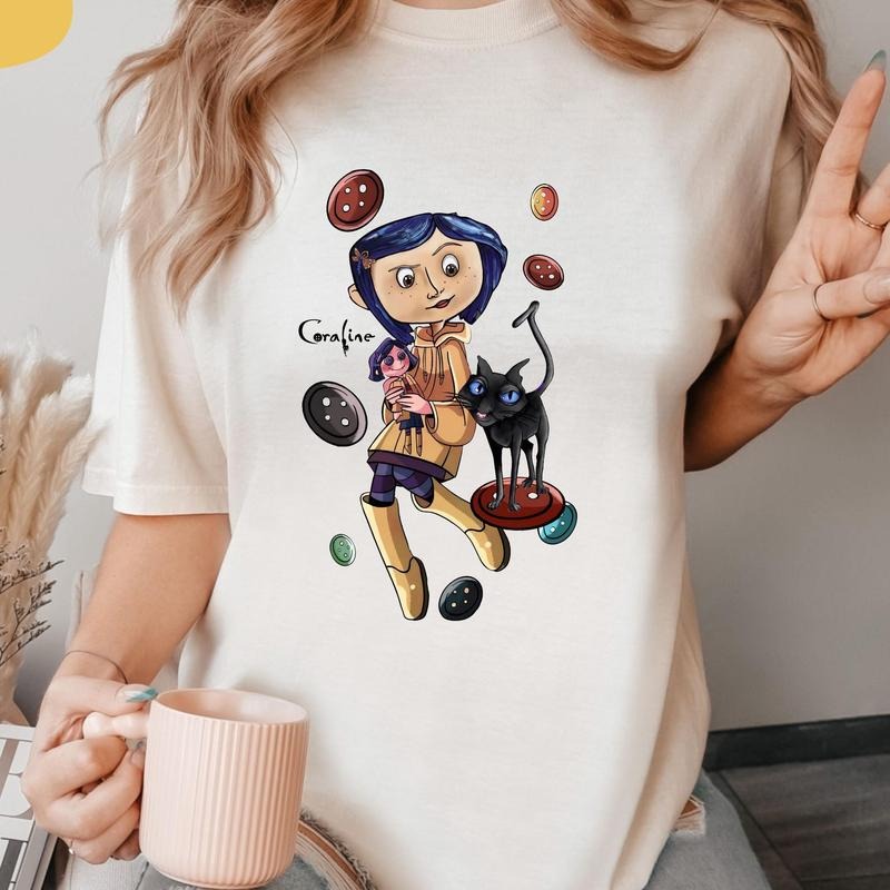 Coraline and Cat Tshirt, TV Show 2000s Nostalgia Tim Burton Crewneck Sweashirt, Halloween Pink Palace Movie Cartoon Hoodie, Gift for Her Girlfriends