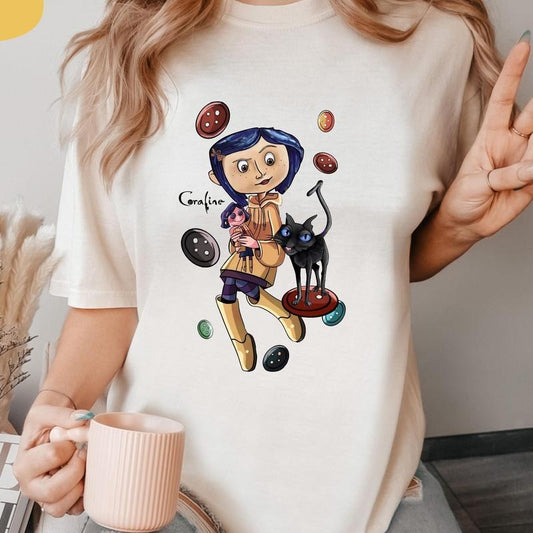 Coraline and Cat Tshirt, TV Show 2000s Nostalgia Tim Burton Crewneck Sweashirt, Halloween Pink Palace Movie Cartoon Hoodie, Gift for Her Girlfriends