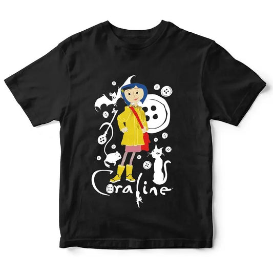 Coraline with Black Cat Button Shirt, Coraline horror movies tshirt, Horror Character Shirt, Halloween Crewneck Sweatshirt