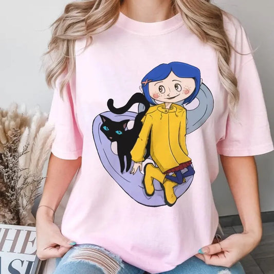 Coraline with Black cat cutie Shirt, Horror Cor.ralinee movies, Horror Character Shirt, Halloween Crewneck Sweatshirt