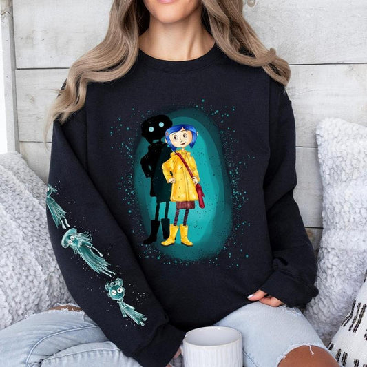 Coraline with three Ghost friends Sweatshirt Hoodie, Coraline Fantasy movies tshirt, Horror Character Shirt, Halloween Crewneck Sweatshirt