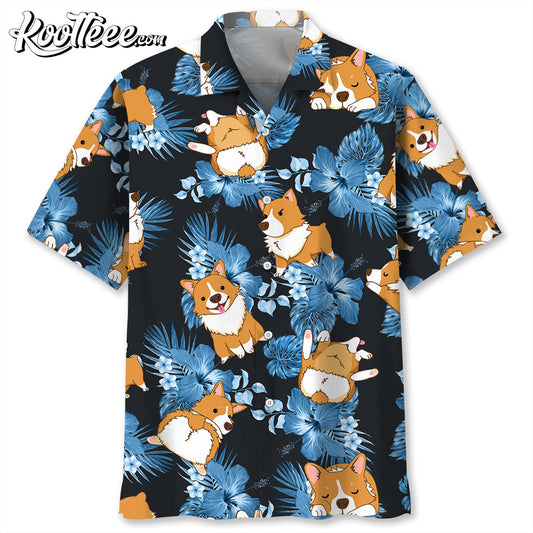 Corgi Dog Blue Floral Hawaiian Shirt