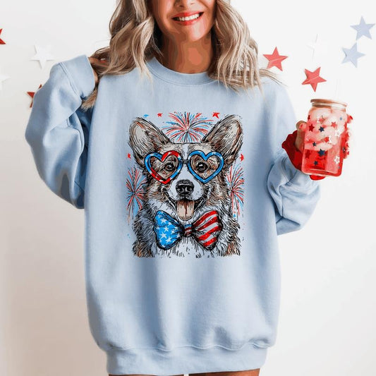 Corgi Patriotic Dog, USA, America, Pet Lover, 4th of July Sweatshirt, Crew Neck, Women's, Crewneck T-Shirts, Hoodie