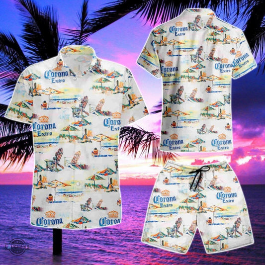 Corona Hawaiian Shirt And Shorts Corona Extra Beach Lounge Summer Aloha Beach Shirts Corona Beer All Over Printed 3D Button Up Shirt