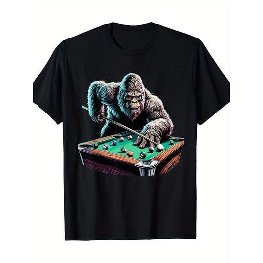 [Cotton Graphic T-Shirt] 100% Cotton Men's Fun Sasquatch Pool Player Graphic T-Shirt - Short Sleeve, Black with Vibrant Billiards Design, Casual & Comfortable Fit for All Seasons Made in USA