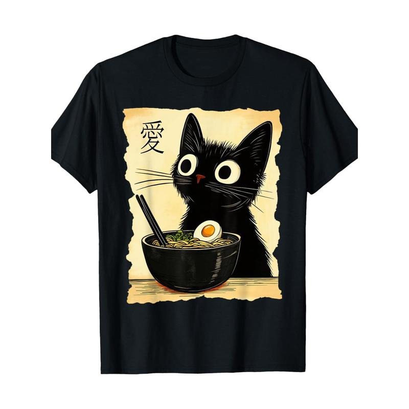 [Cotton Kawaii Cat Tee] 100% Cotton Men's Kawaii Cat Ramen Graphic Tee - Casual Crew Neck T-Shirt with Short Sleeves, Machine Washable Made in USA