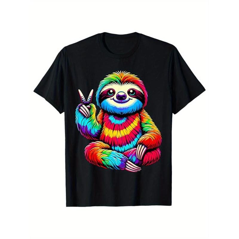 [Cotton Sloths Print Tee] Men's Cotton Graphic Tee - Sloths Print Crew Neck Short Sleeve T-shirt, Casual Outdoor Clothes Made in USA
