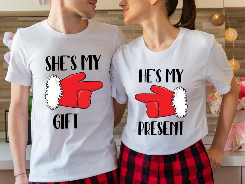 Couples Christmas Party Shirt, She's My Gift Shirt, He's My Present T-Shirt, Husband Wife Christmas Gift Short Sleeve,...