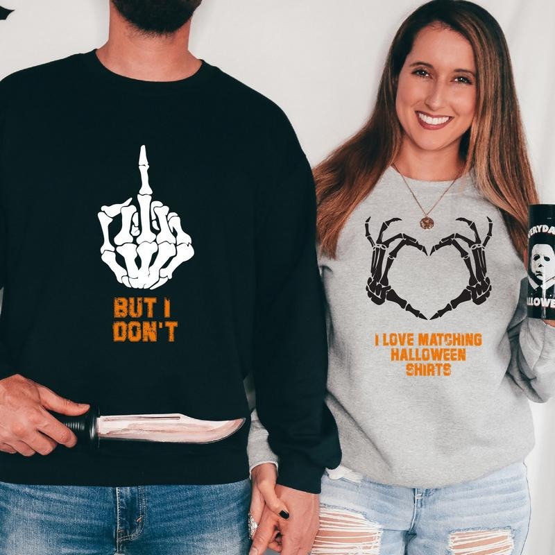 Couples Halloween Sweatshirt, I Love Matching, But I Don't Hoodie, Skeleton Hands Wife And Husband Sweater, Spooky Season...