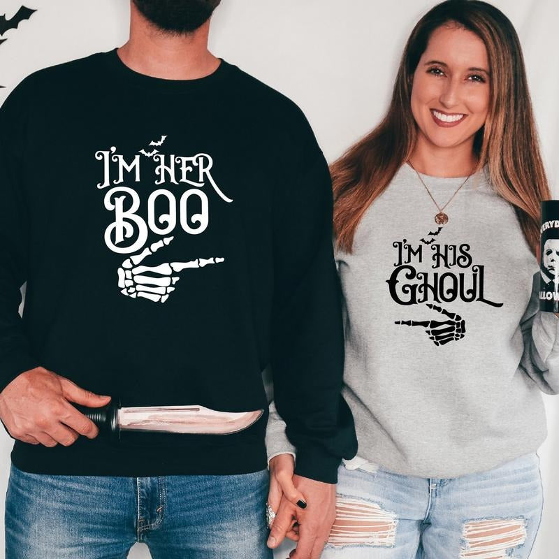 Couples Halloween Sweatshirt, I'm His Ghoul Hoodie, I'm Her Boo Sweater, Matching Halloween Party Sweatshirts, Skeleton...