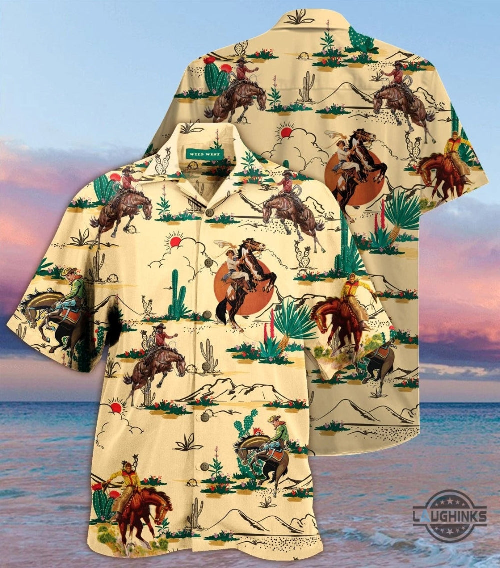 Cowboy Hawaiian Shirt Aloha Summer Beach Button Up Shirts And Shorts NEW