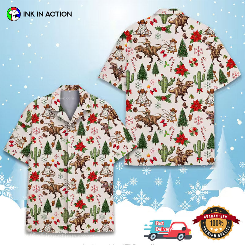 Cowboy Riding Dinosaur T-rex, Western Christmas Hawaiian Shirt