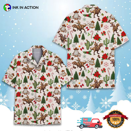 Cowboy Riding Dinosaur T-rex, Western Christmas Hawaiian Shirt