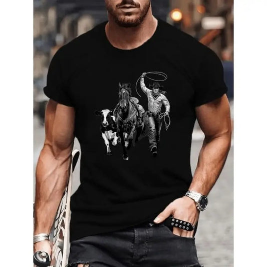 Cowboy, Horse And Cow Print Tee Shirt, Men's Casual Short Sleeve Round Neck T-shirt, Comfy Versatile Outdoor Summer Top...