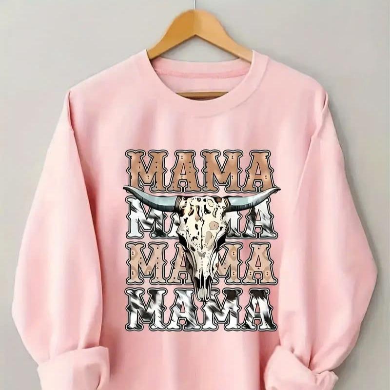 Cozy Fleece-Lined Women's Sweatshirt with Cow Skull & Mama Print - Casual Crew Neck Cotton Fabric Womenswear Comfort Tops...