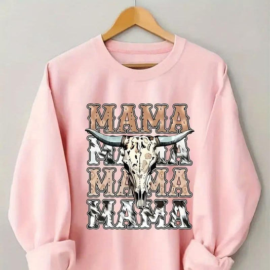 Cozy Fleece-Lined Women's Sweatshirt with Cow Skull & Mama Print - Casual Crew Neck Cotton Fabric Womenswear Comfort Tops...