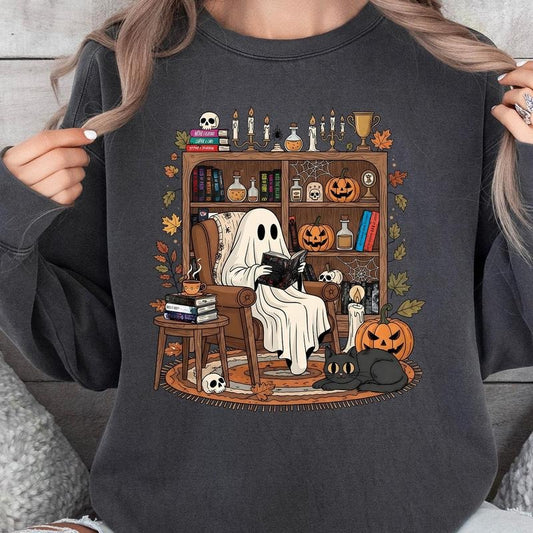 Cozy Ghost Reading Halloween Sweatshirt, Halloween Books Comfort Colors Sweater, Haunting Adeline Sweatshirt, Fall...