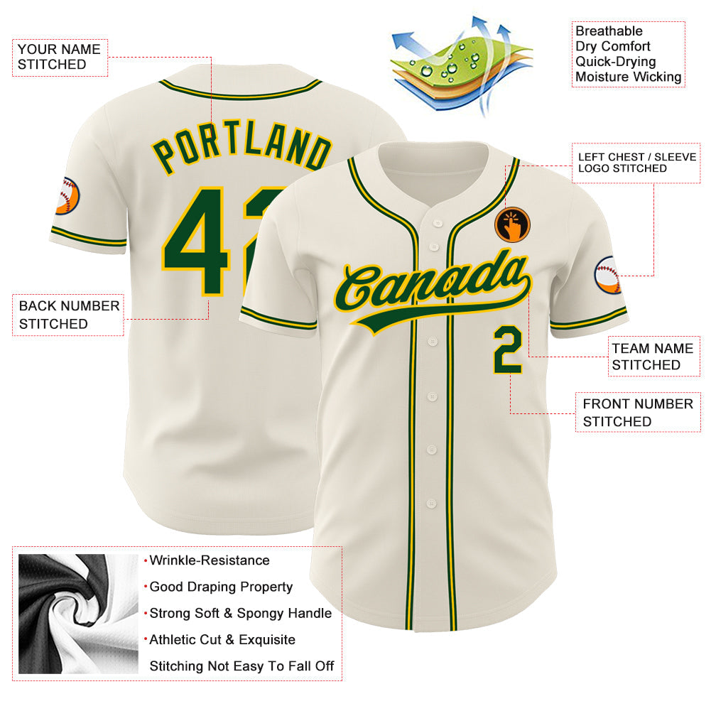 Custom Cream Green-Gold Authentic Baseball Jersey