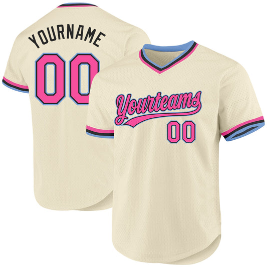Custom Cream Pink Black-Light Blue Authentic Throwback Baseball Jersey