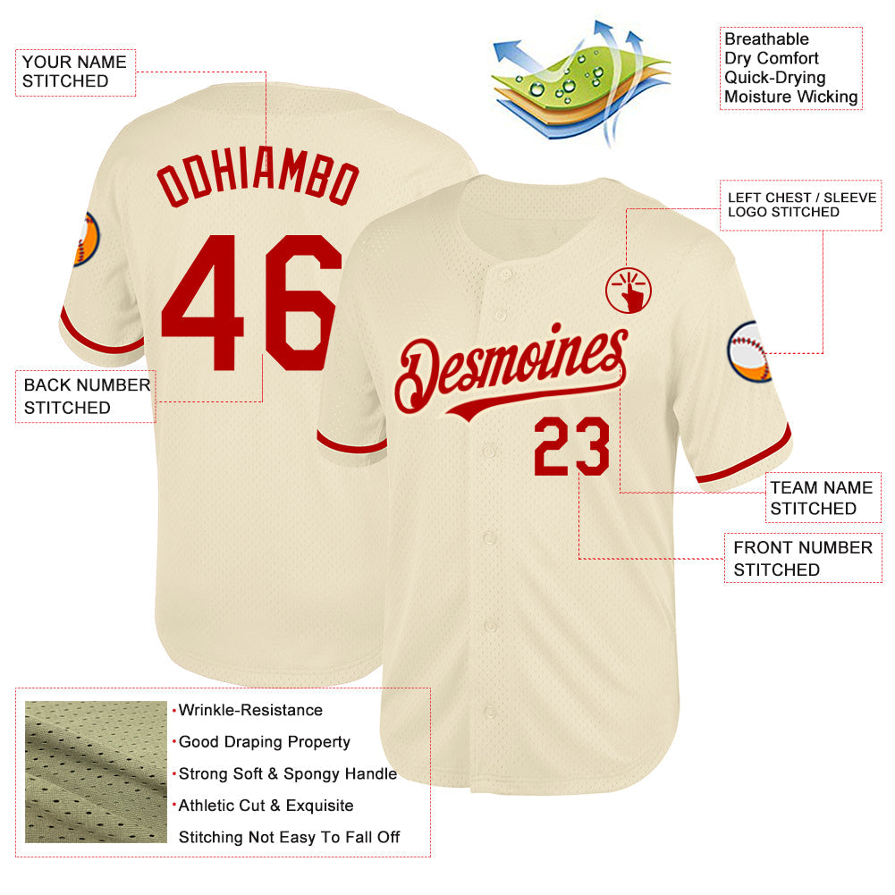 Custom Cream Red Mesh Authentic Throwback Baseball Jersey