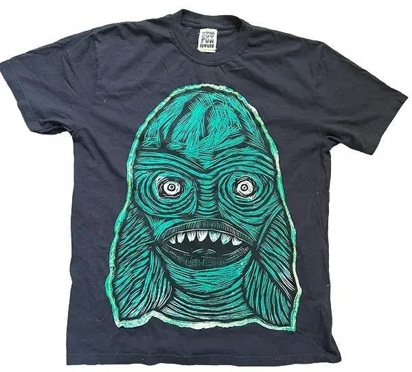 Creature Head Woodcut Appliqued  Hand printed  Woodcut T Shirt Menswear Cotton Top Streetwear Casual Hoodie, Sweatshirt