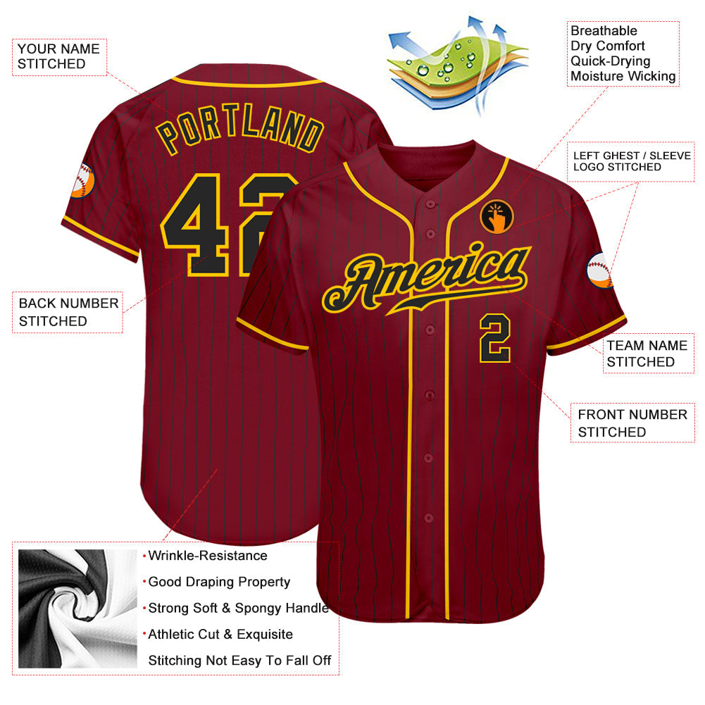 Custom Crimson Black Pinstripe Black-Gold Authentic Baseball Jersey